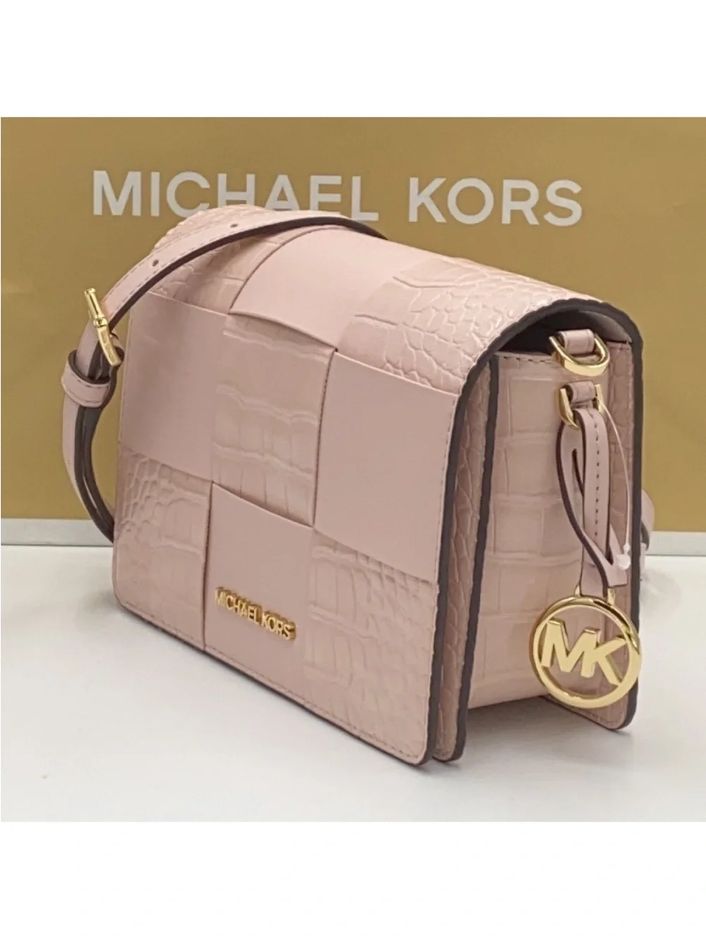 Michael Kors Mercer powder blush Woven Croc-Embossed Leather Crossbody